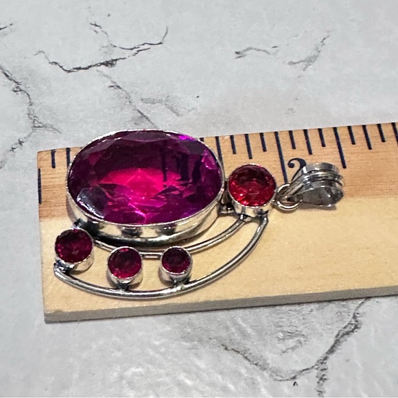 Artisan Silver tone Pendant with Vibrant Pink Crystal and Red Accents - Picture 7 of 7